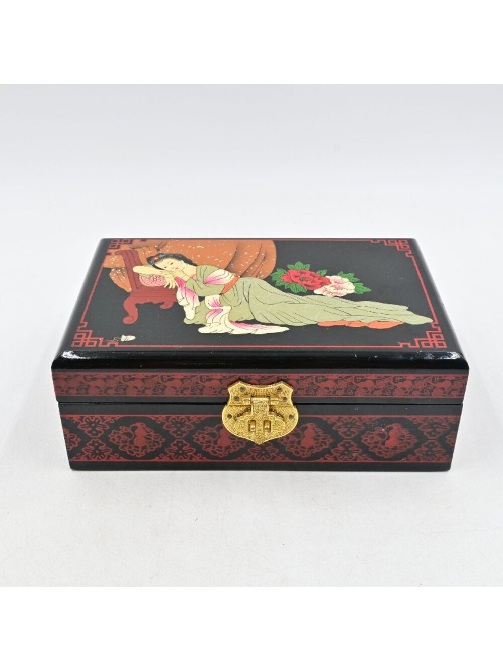 Chinese Black Lacquer Jewelry Box Vintage Hand Painted Reclining Lady Mirror